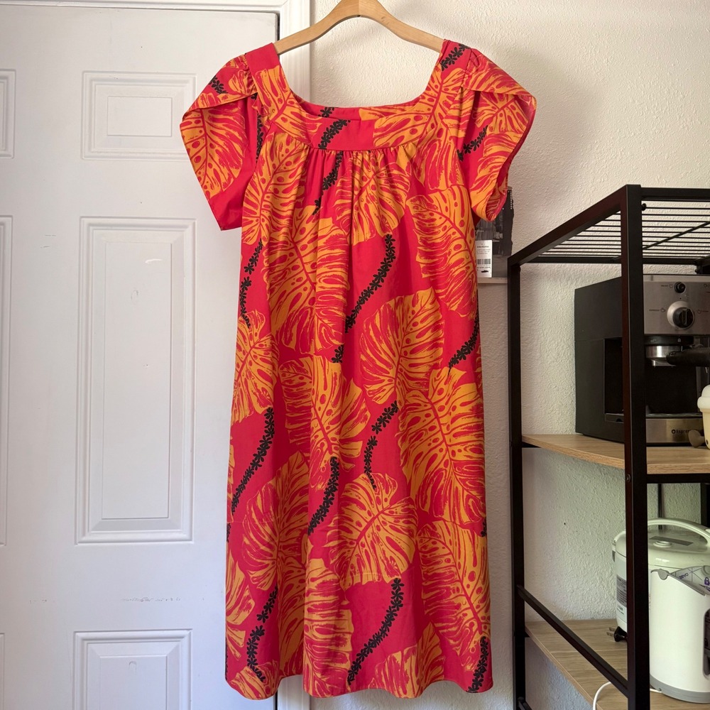 NWT ROYAL CREATIONS red orange hawaiian tropical leaf tulip sleeve midi dress